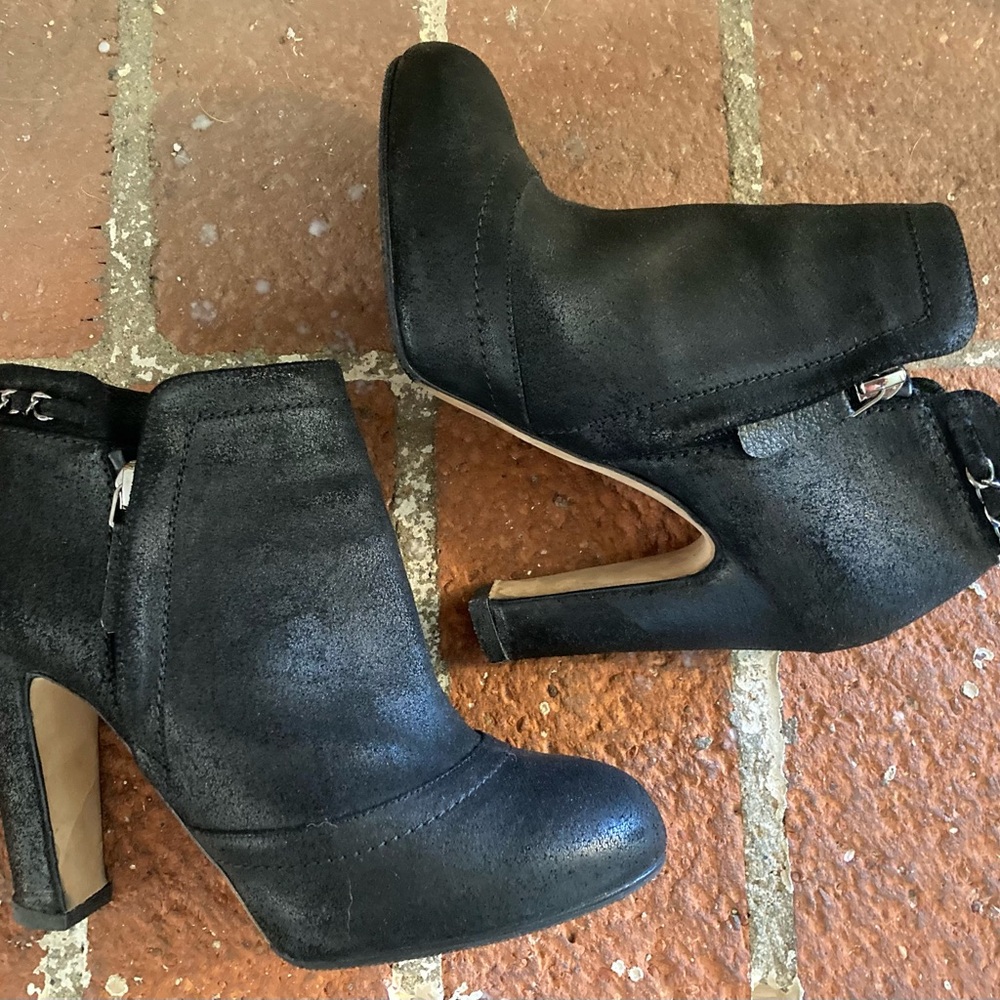 Chanel Black Oiled Suede High Heel Ankle Boots~